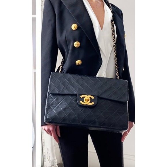 Authentic CHANEL Jumbo Maxi XL 24K Gold Flap Bag Lambskin Chain Shoulder Black - Picture 8 of 11